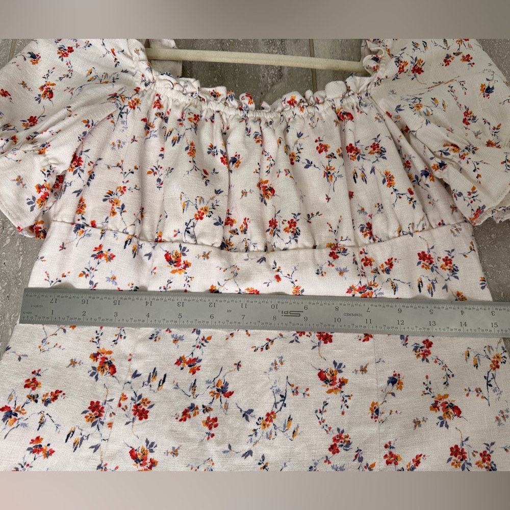 100% linen Reformation White Floral Mini Dress Robles puffed sleeves - Picture 9 of 12